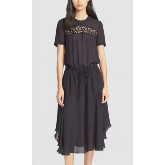 A.L.C. Navy Silk Drawstring Waist Midi Dress w/ Black Lace Chest Panel Size 12 - Picture 1 of 6